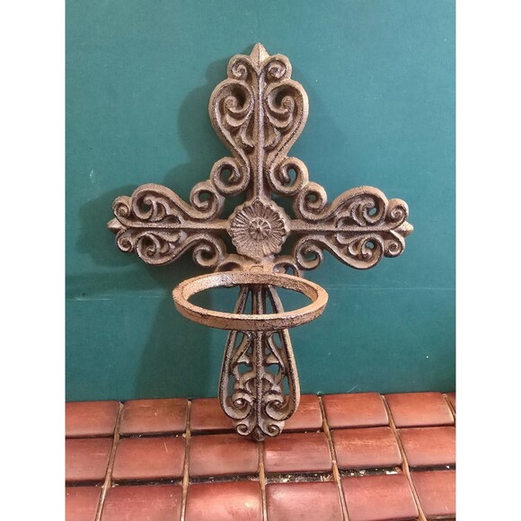 Cast Iron Cross Candle Sconce Floral & Scoll Design Gothic Regency 10"x7.25" - Picture 1 of 5